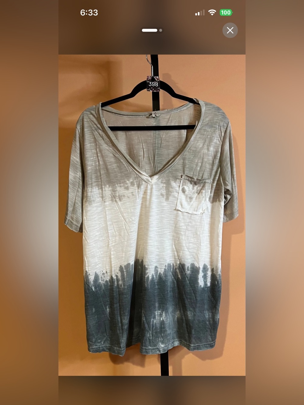 POL Womens Short Sleeve V-Neck Tie-Dye Pocket Top - Beige/White/Sage